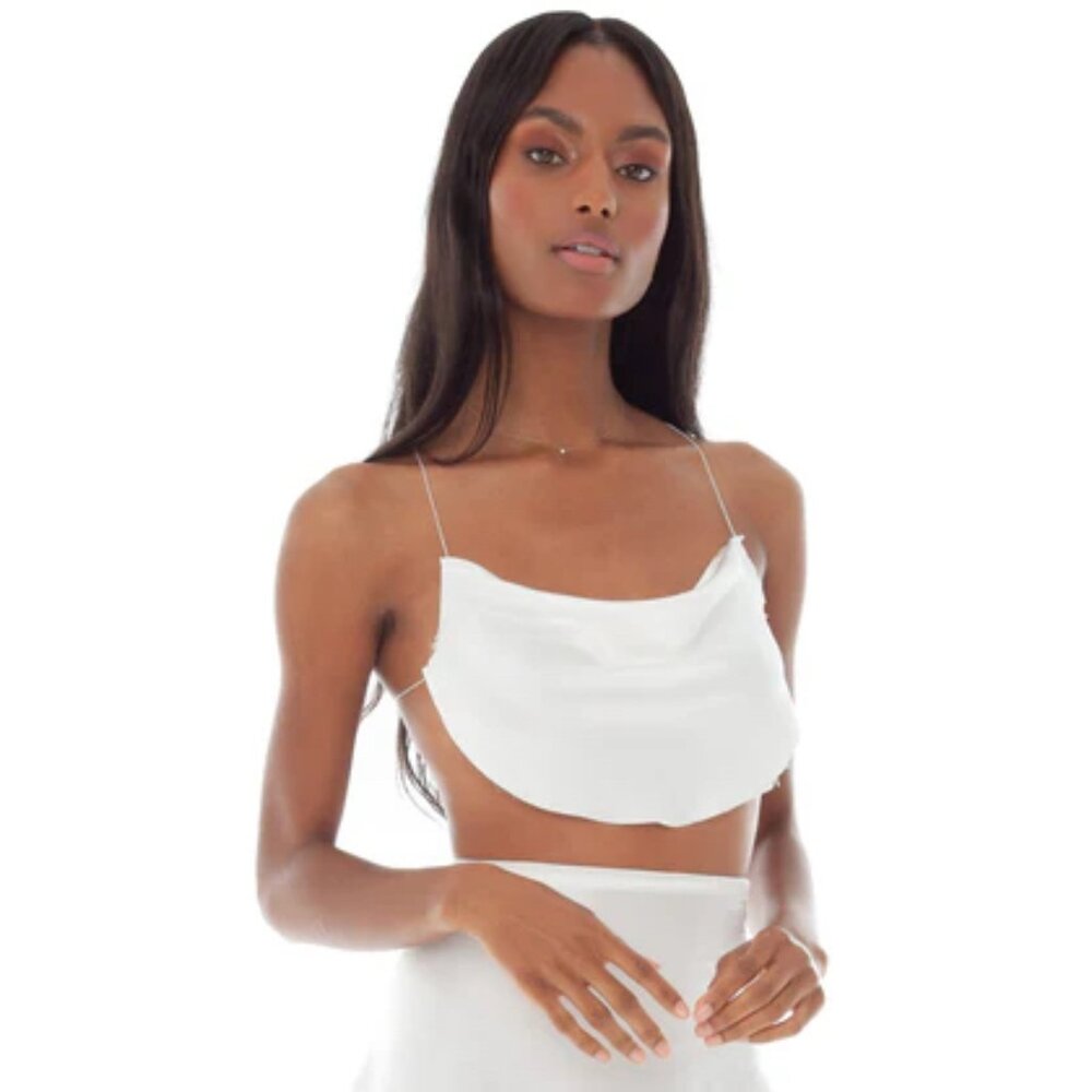 ARE YOU AM I White Draped Satin Crop Top